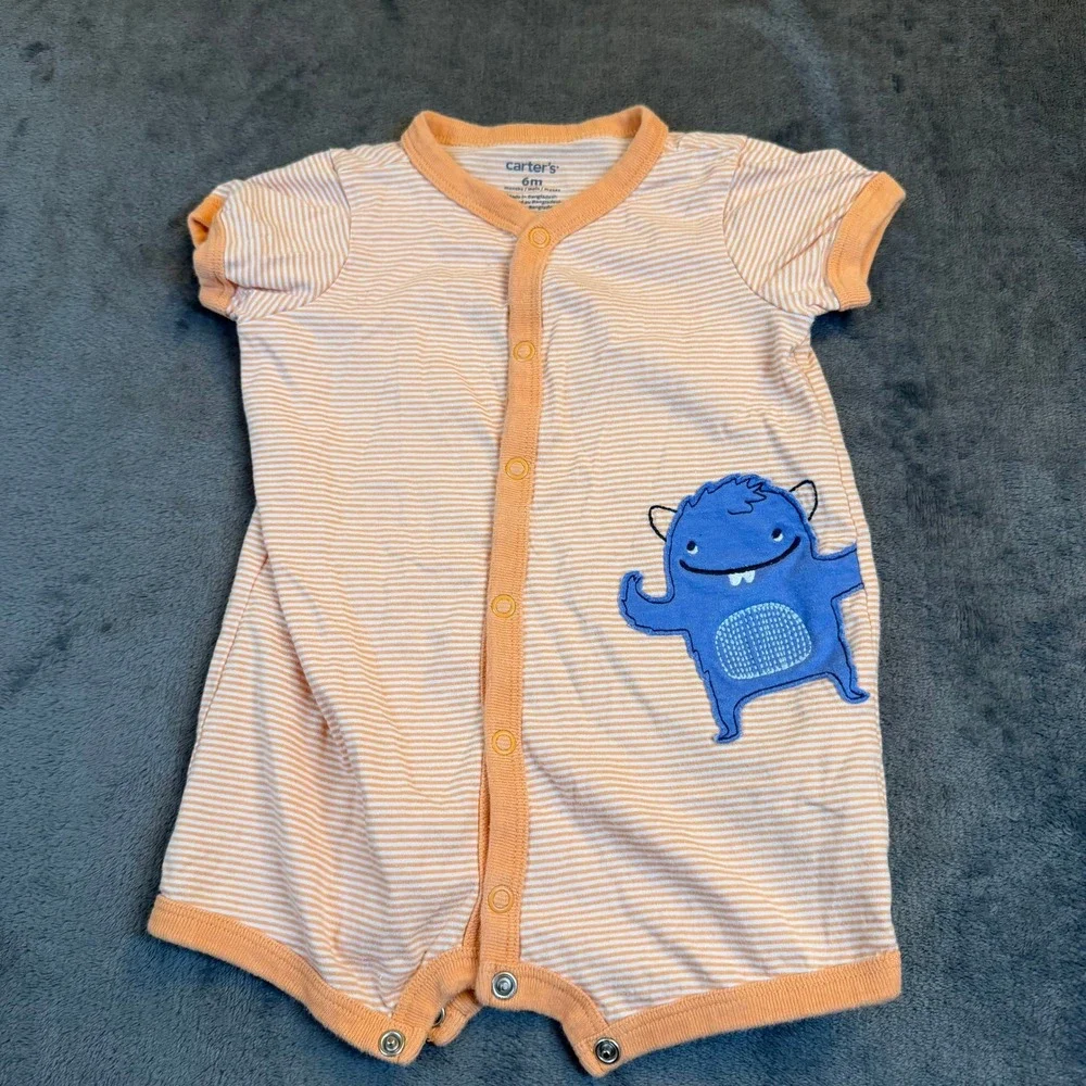 Carters‎ Monster Striped Romper Baby 6 Months Orange Snap Front Cotton